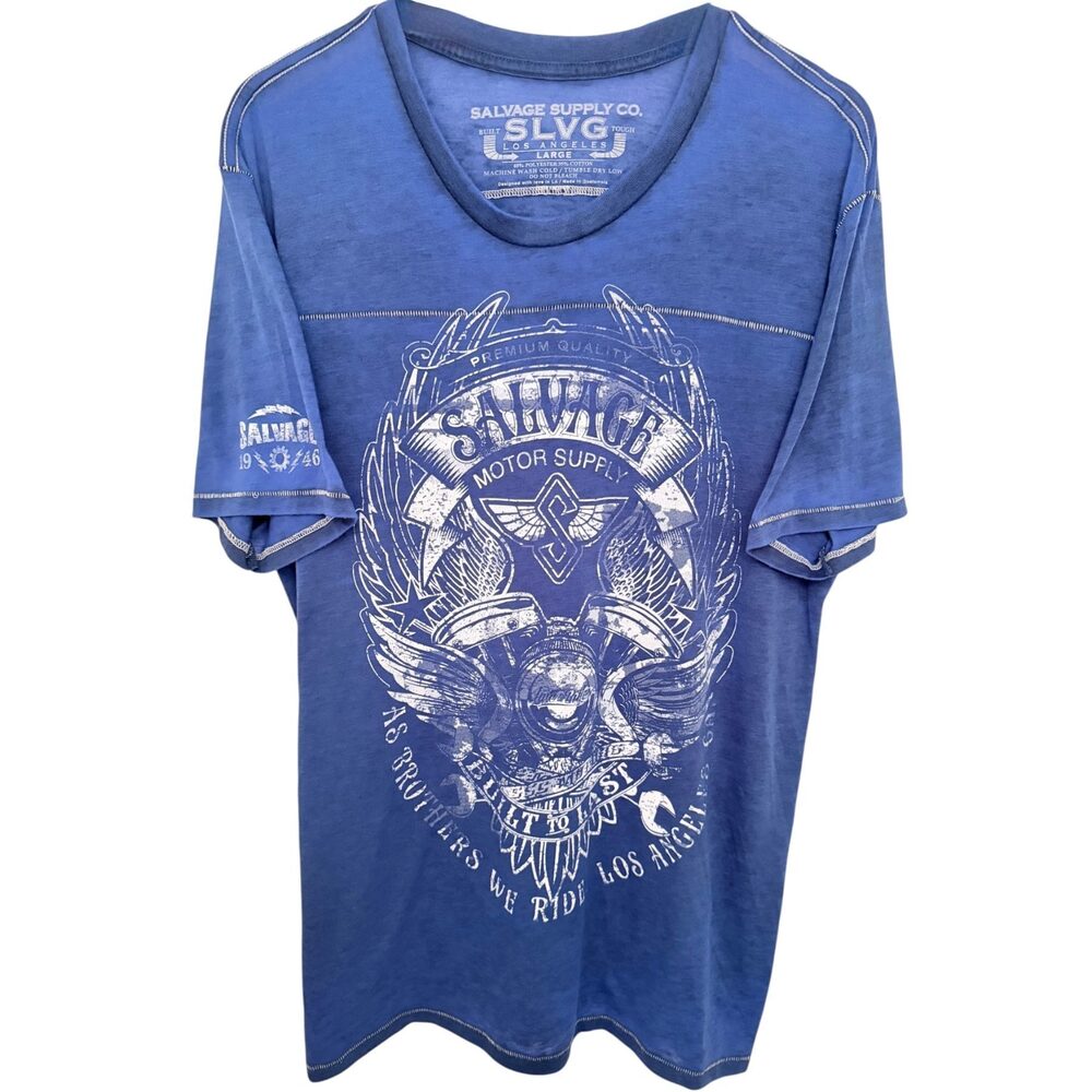 Salvage Supply Co. T-Shirt Men's Large Blue White Motor Biker Wings LA V-Neck